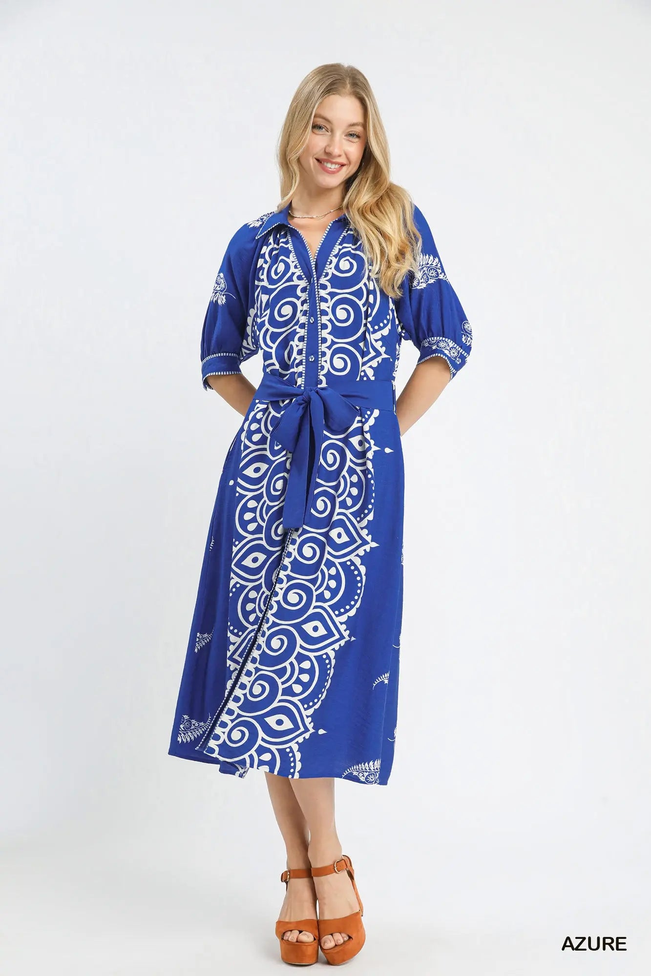 Umgee Two Tone Paisley Border Print Maxi Dress - Azure or Latte