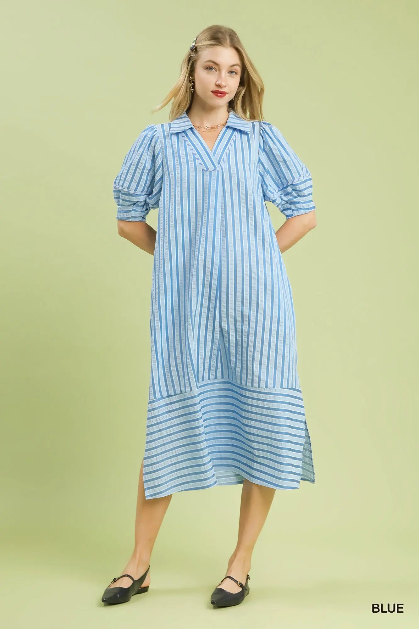 Umgee Striped Puff Sleeve Midi Dress - Blue