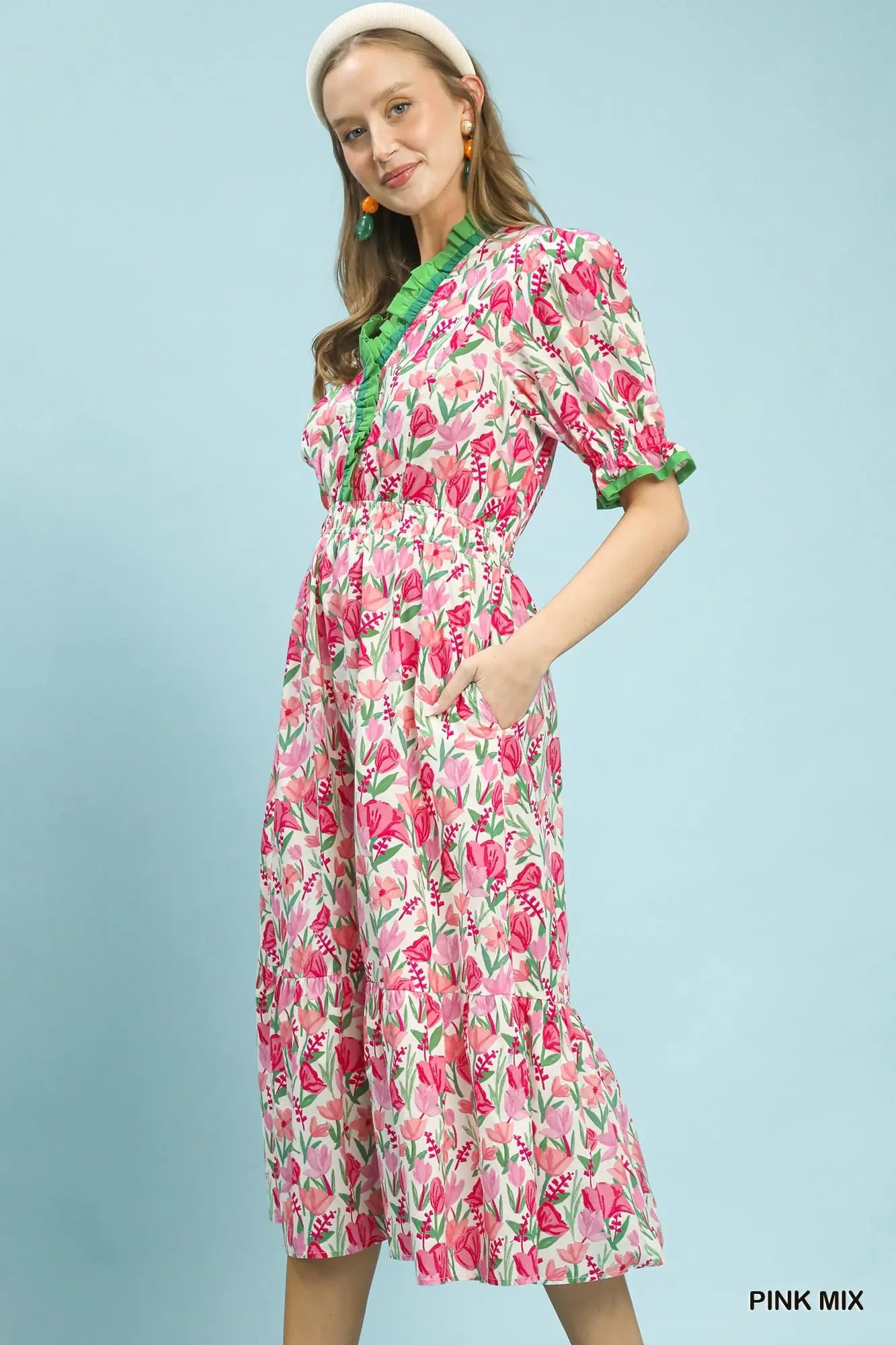 Umgee Pink Floral Ruffle Trim Tiered Midi Dress