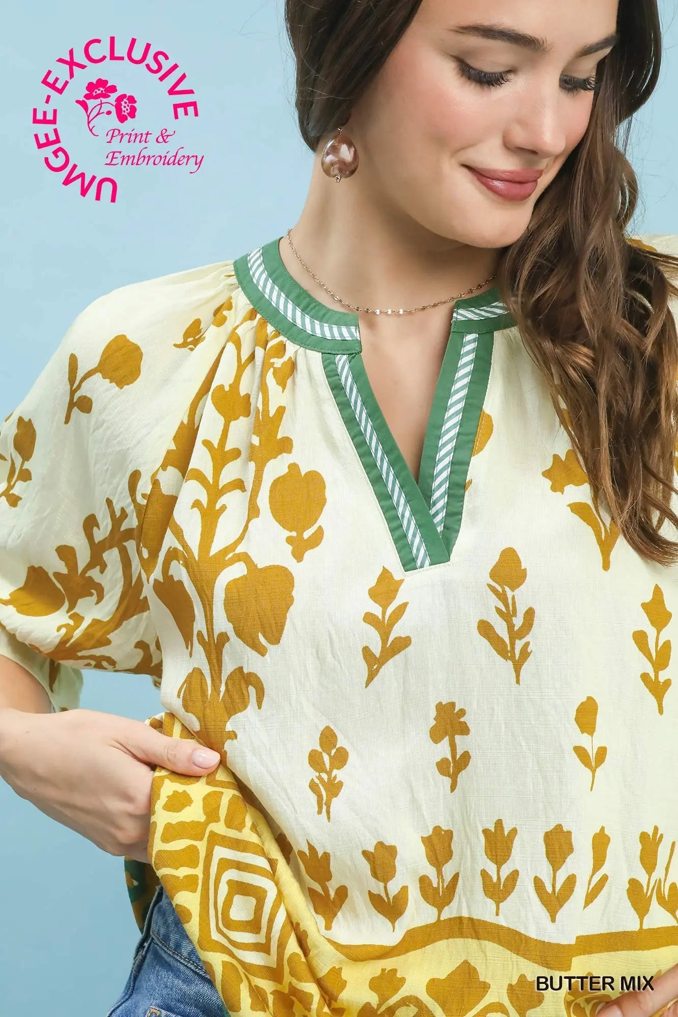 Umgee Border Print Puff Sleeve Split Neck Top - Butter Mix
