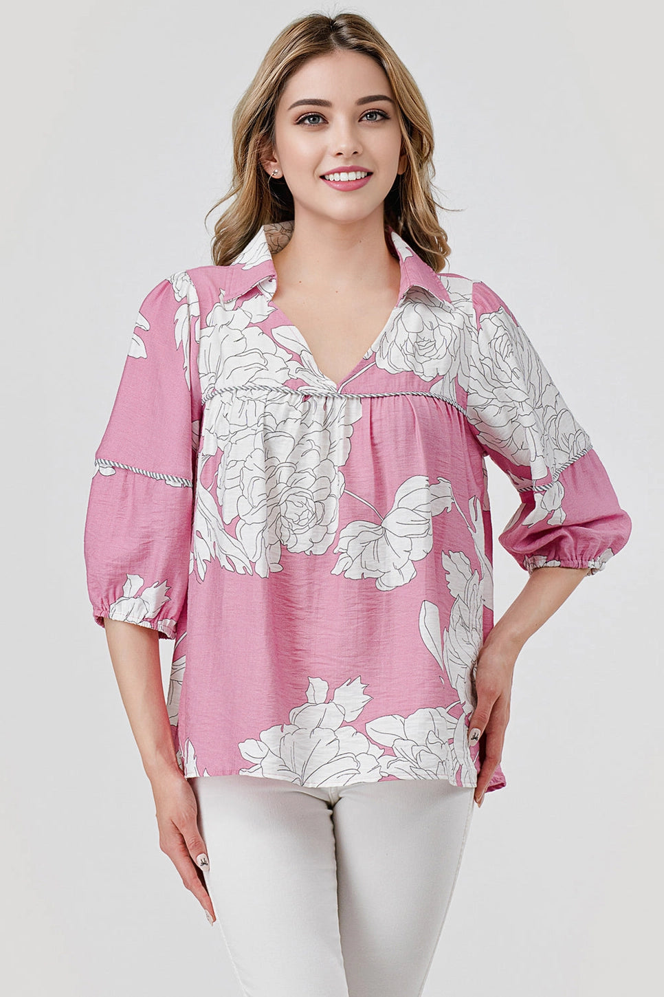 Pixi & Ivy Mellie Collared Flowy Top Pink Floral Print