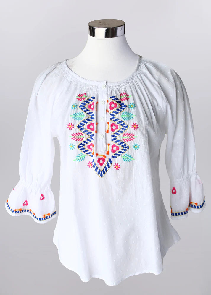 Keren Hart White Embroidered Top with Detailed Sleeves