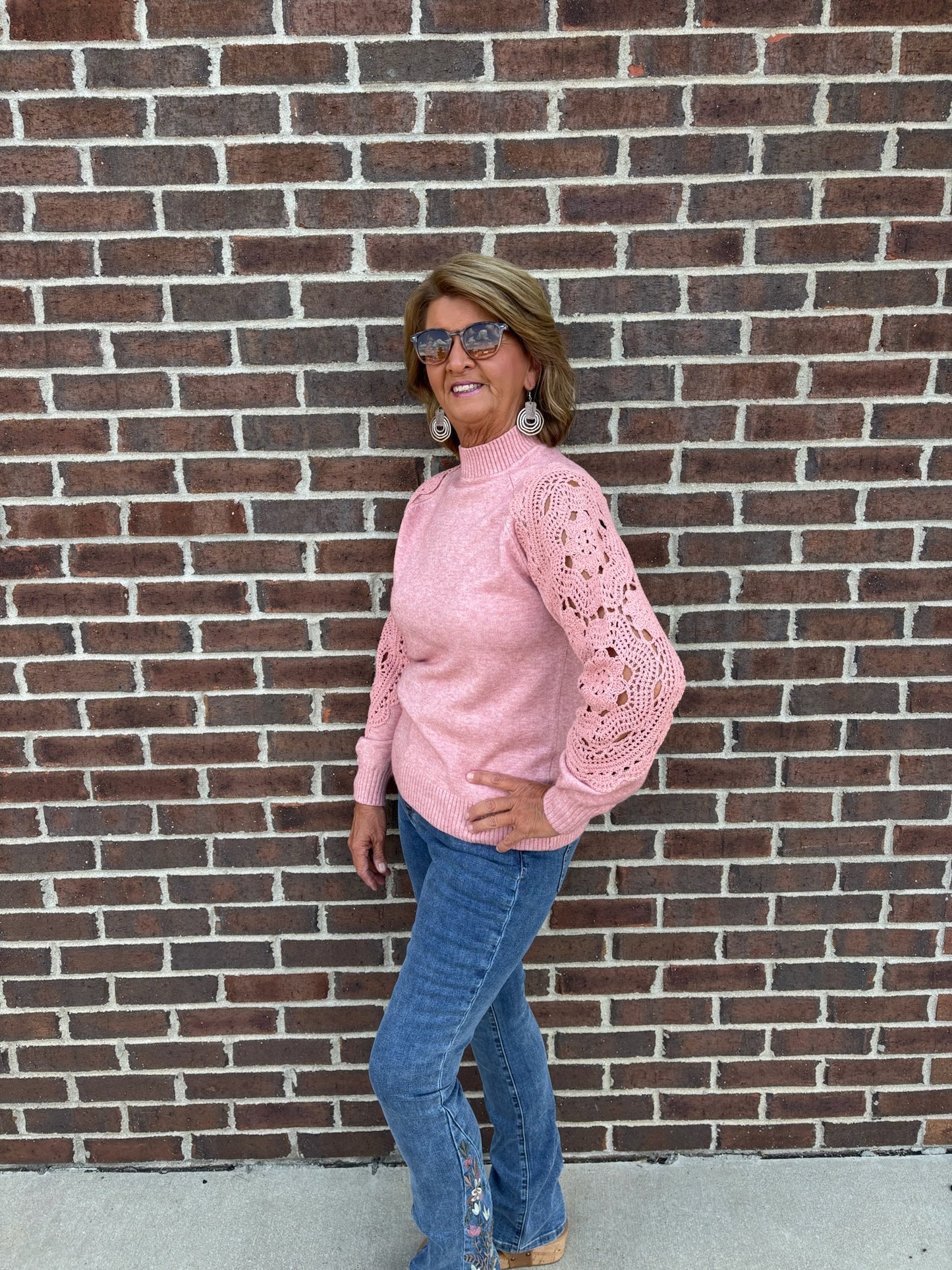 Charlie B Primrose Mock Neck Sweater With Crochet Sleeves
