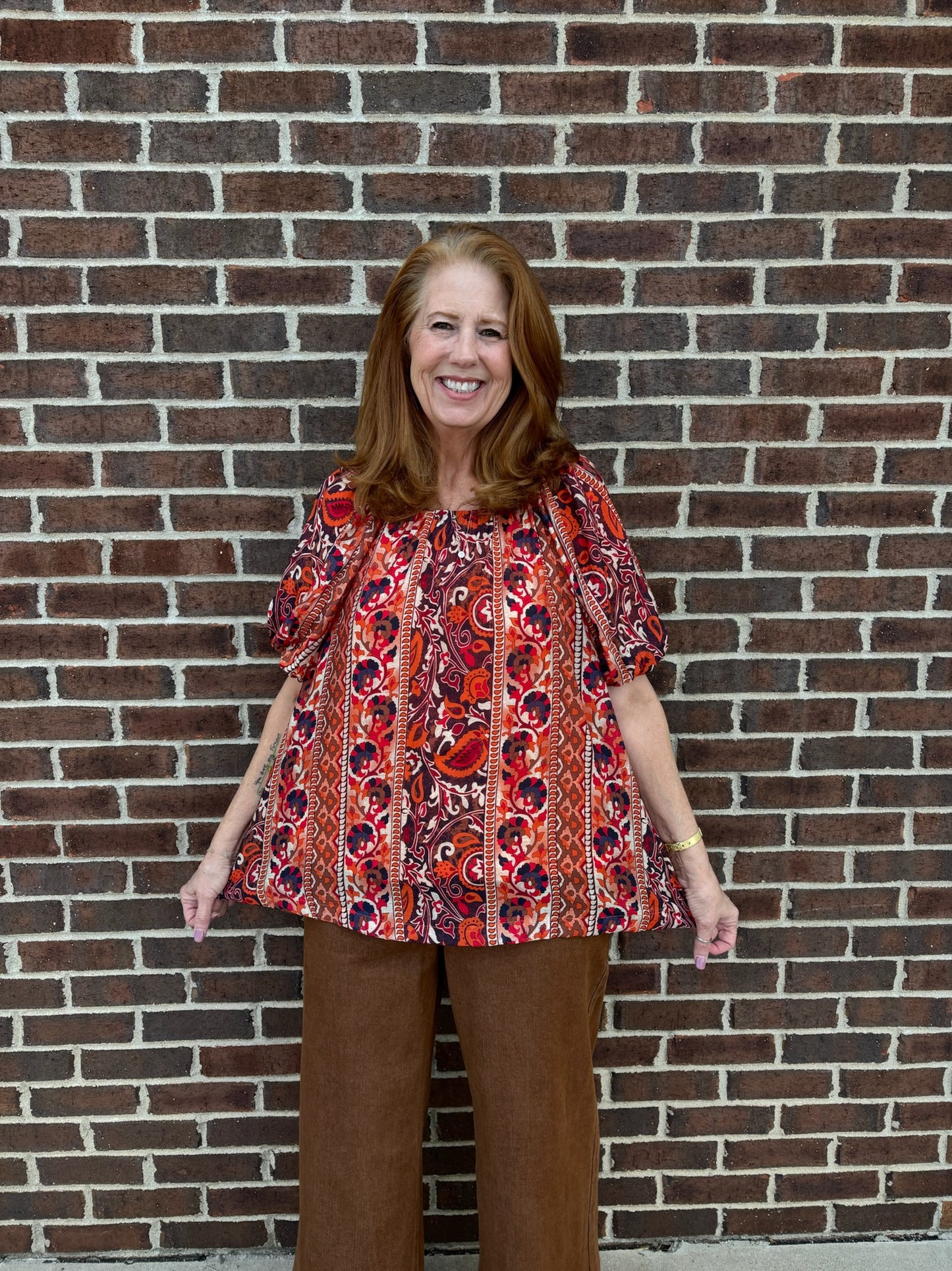 Umgee Boho Floral Stripe Puff Sleeve Blouse - Rust