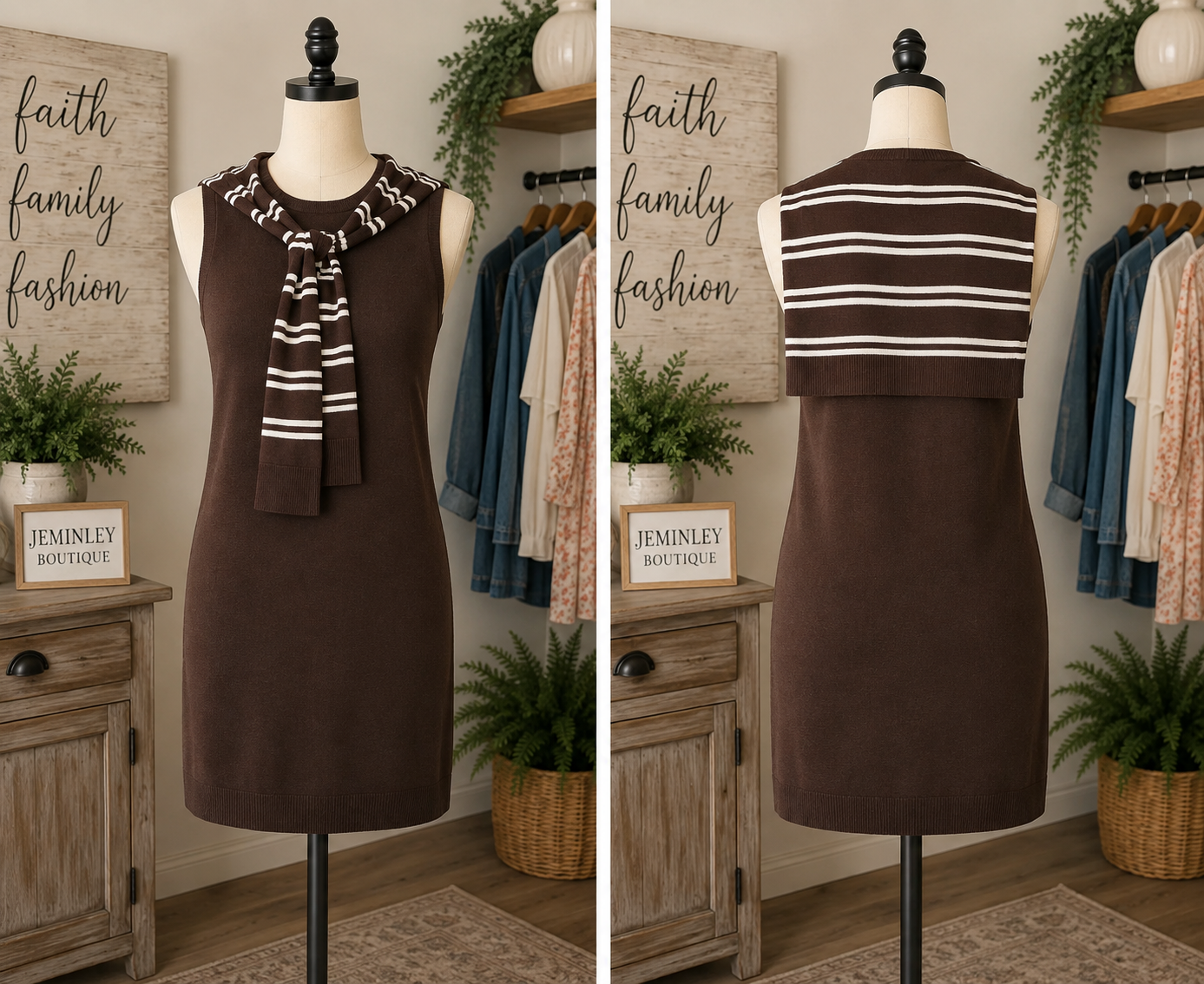 Brown Sweater Dress with Faux Striped Cardigan