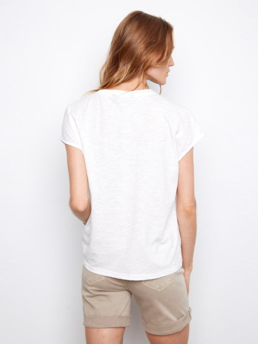 Charlie B Cap Sleeve Cotton Floral Embroidery Top