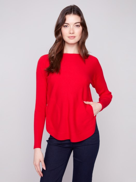 Charlie B Crimson Knit Sweater With Back Lace-Up Detail