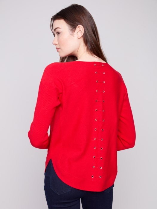 Charlie B Crimson Knit Sweater With Back Lace-Up Detail
