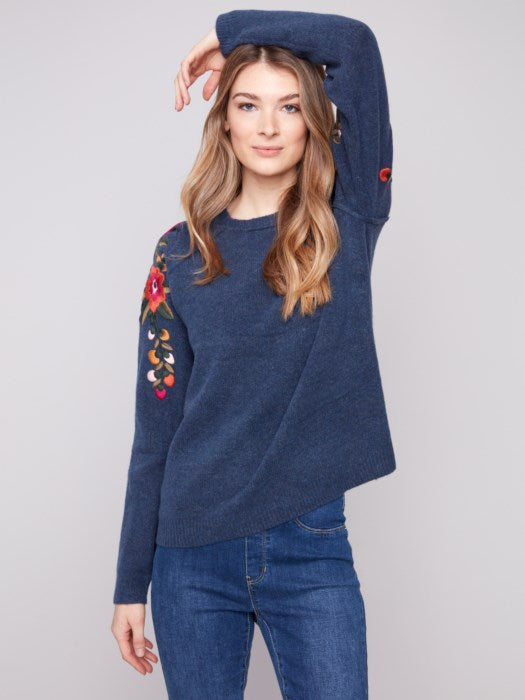 Charlie B Embroidered Floral Sleeve Sweater