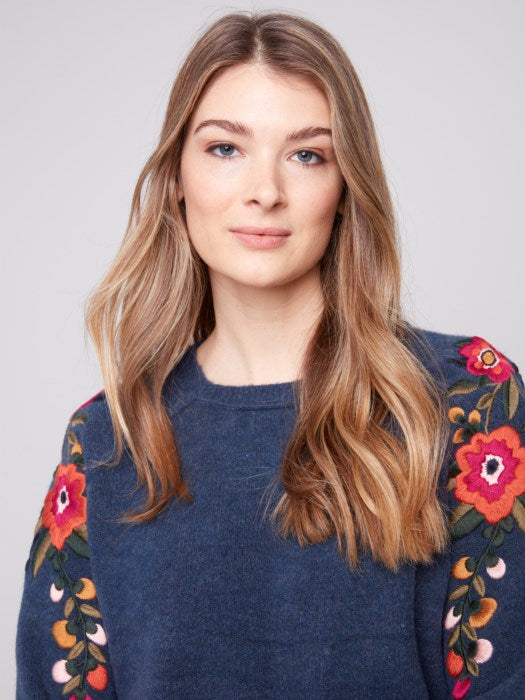 Charlie B Embroidered Floral Sleeve Sweater