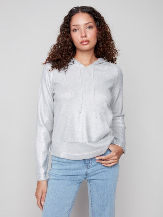 Charlie B Silver Metallic Knit Hoodie Sweater