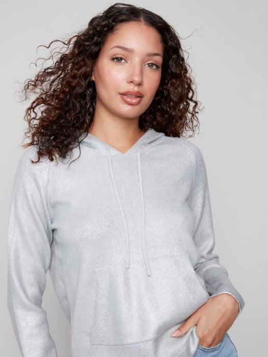 Charlie B Silver Metallic Knit Hoodie Sweater