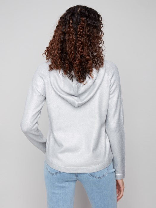 Charlie B Silver Metallic Knit Hoodie Sweater