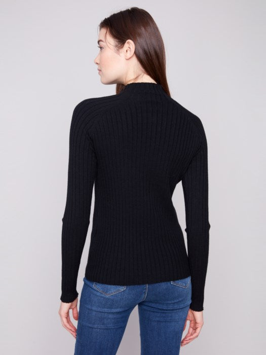 Charlie B Black Ribbed Knit Mock Neck Sweater