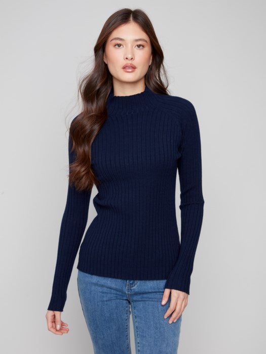 Charlie B Navy Ribbed Knit Mock Neck Sweater