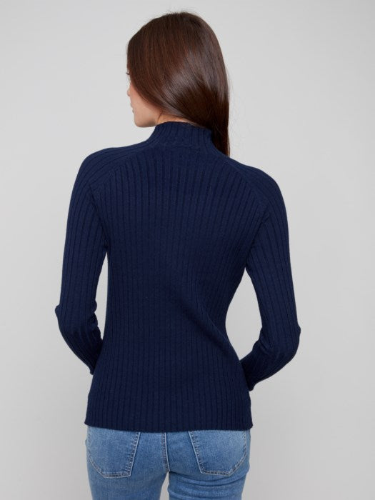Charlie B Navy Ribbed Knit Mock Neck Sweater
