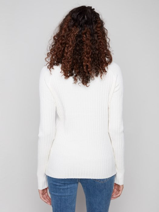 Charlie B Ecru Ribbed Knit Mock Neck Sweater
