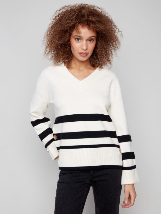 Charlie B Striped Wide Cuff V-Neck Sweater With Side Buttons