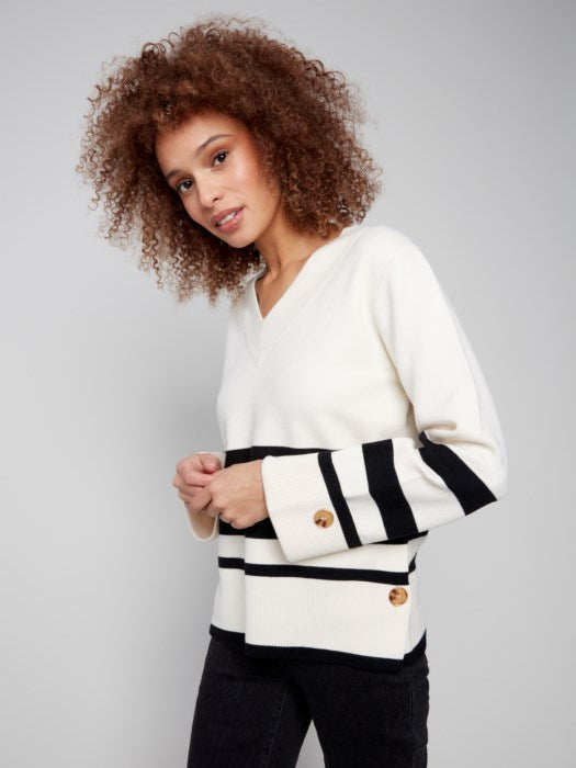 Charlie B Striped Wide Cuff V-Neck Sweater With Side Buttons