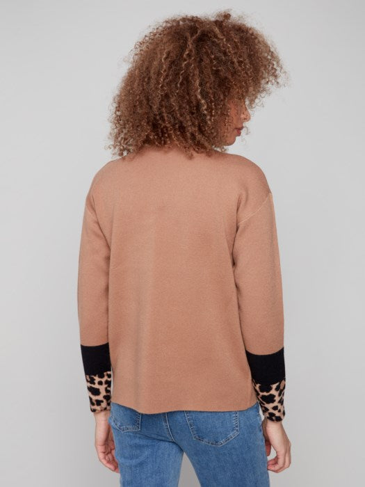 Charlie B Funnel Sweater With Animal Print Sleeve Detail