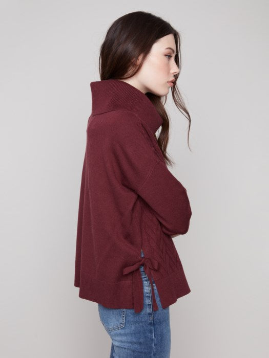 Charlie B Cabernet Cowl Neck Chevron Knit Sweater With Side Tie