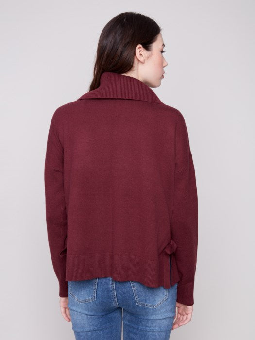 Charlie B Cabernet Cowl Neck Chevron Knit Sweater With Side Tie