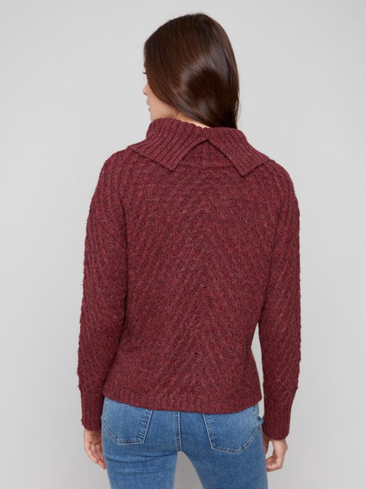 Charlie B Ribbed Cowl Neck Diagonal Cable Sweater