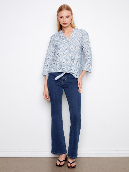 Charlie B Eyelet 3/4 Roll Up Sleeve Blouse With Front Ties