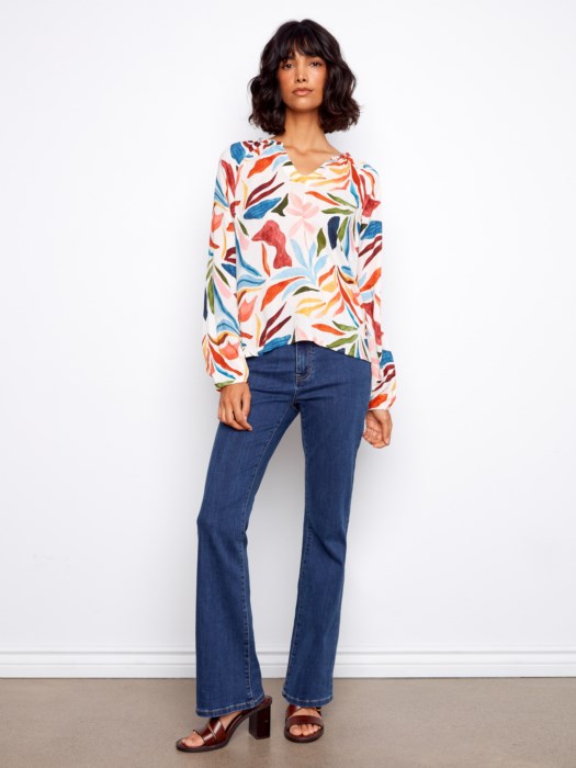 Charlie B Printed Raglan Long Sleeve Popover Blouse