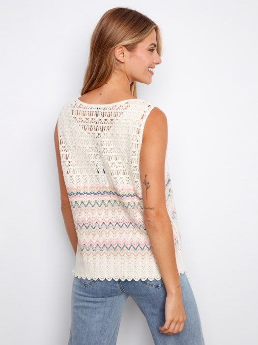 Charlie B Border Stripes Sleeveless Crochet Top