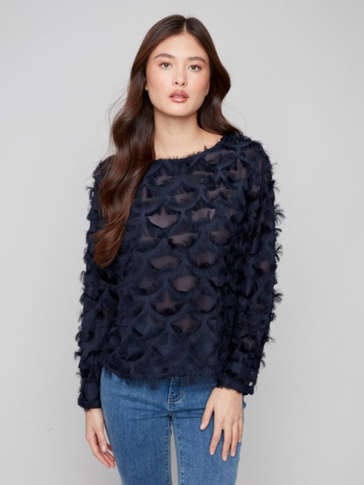 Charlie B Fancy Chiffon Blouse with Cuffs w/Button Closure at Back w/Elastic