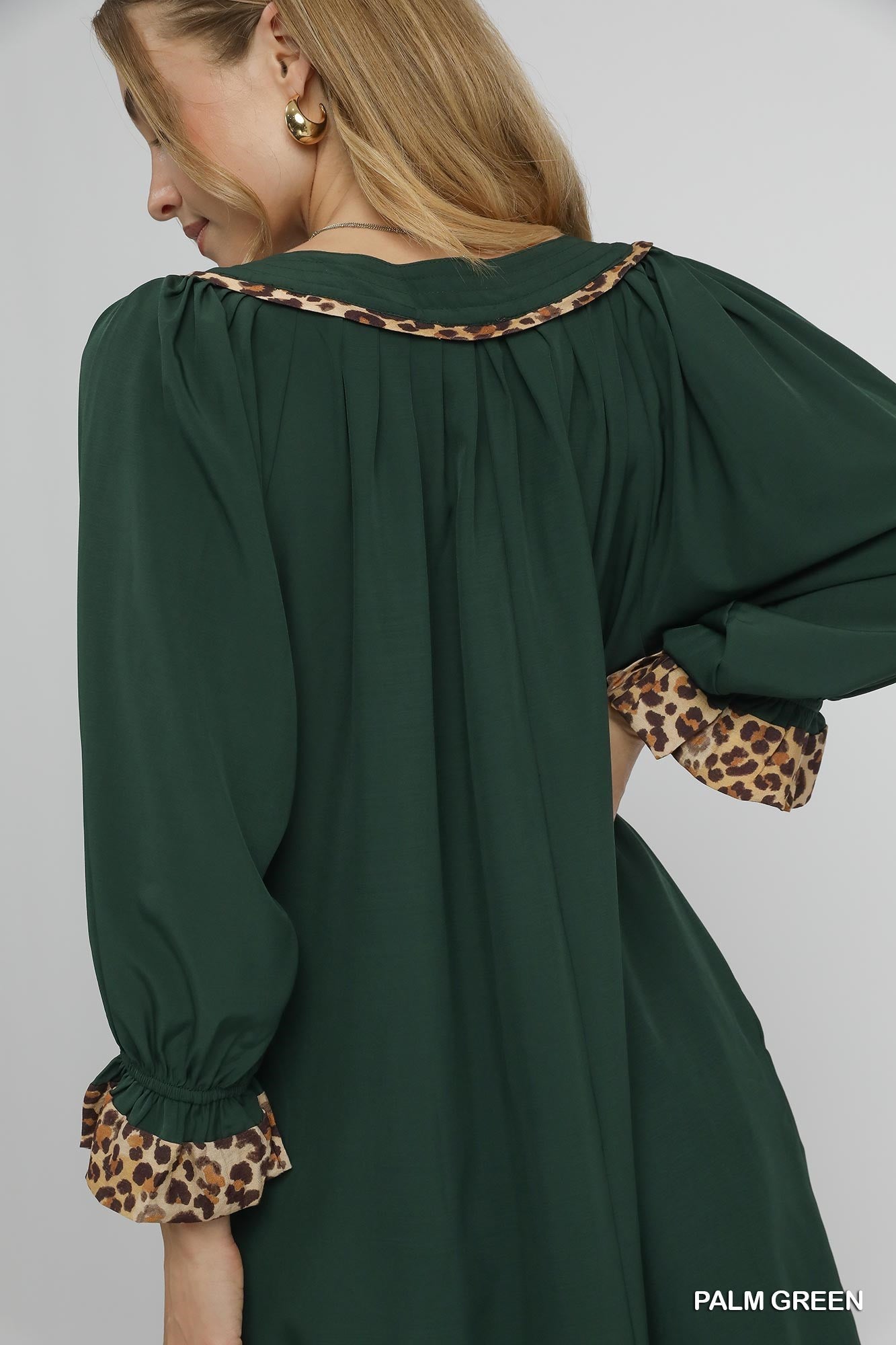 Umgee Tunic Dress with Leopard Trim Accents - green