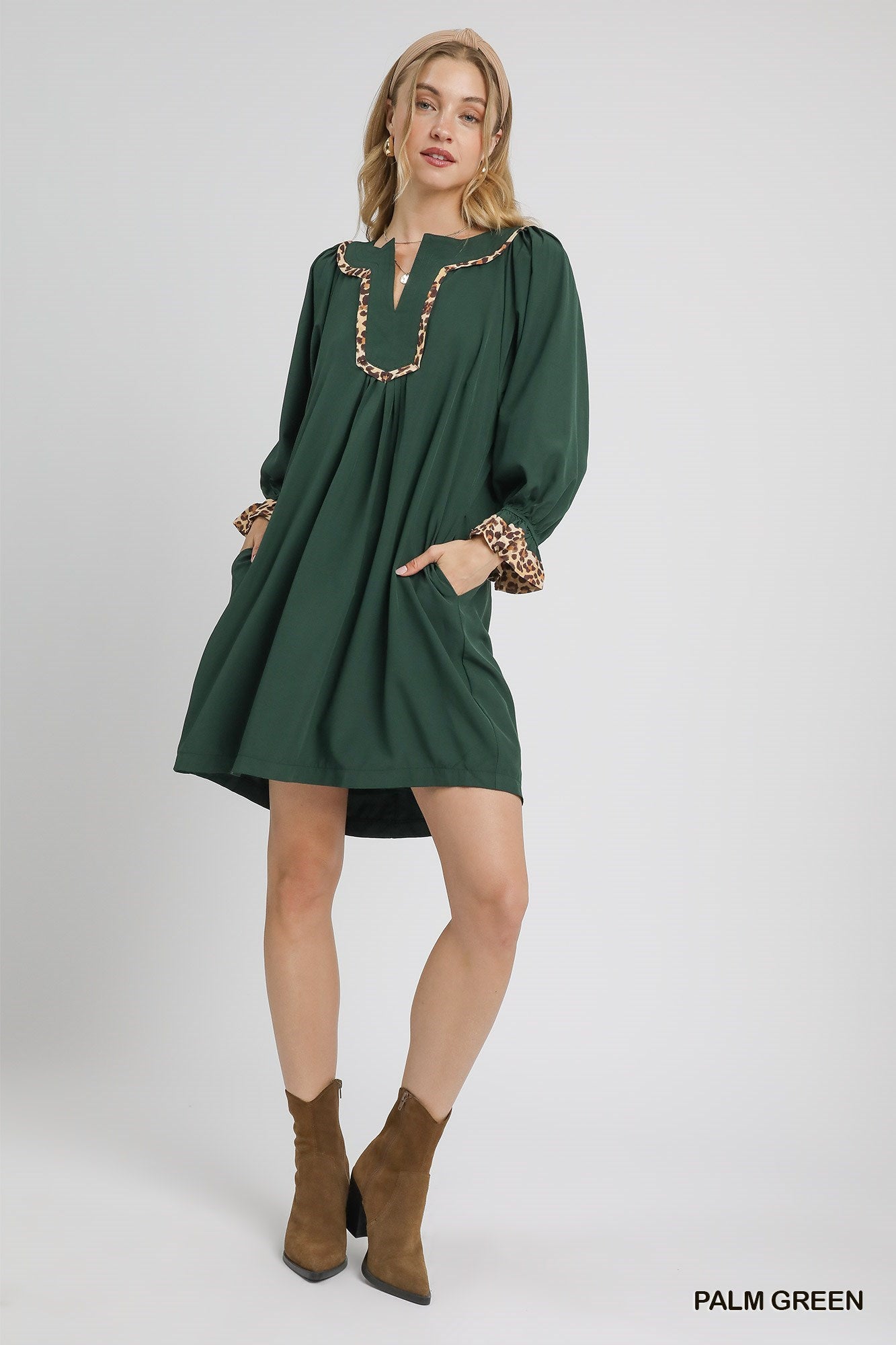 Umgee Tunic Dress with Leopard Trim Accents - green