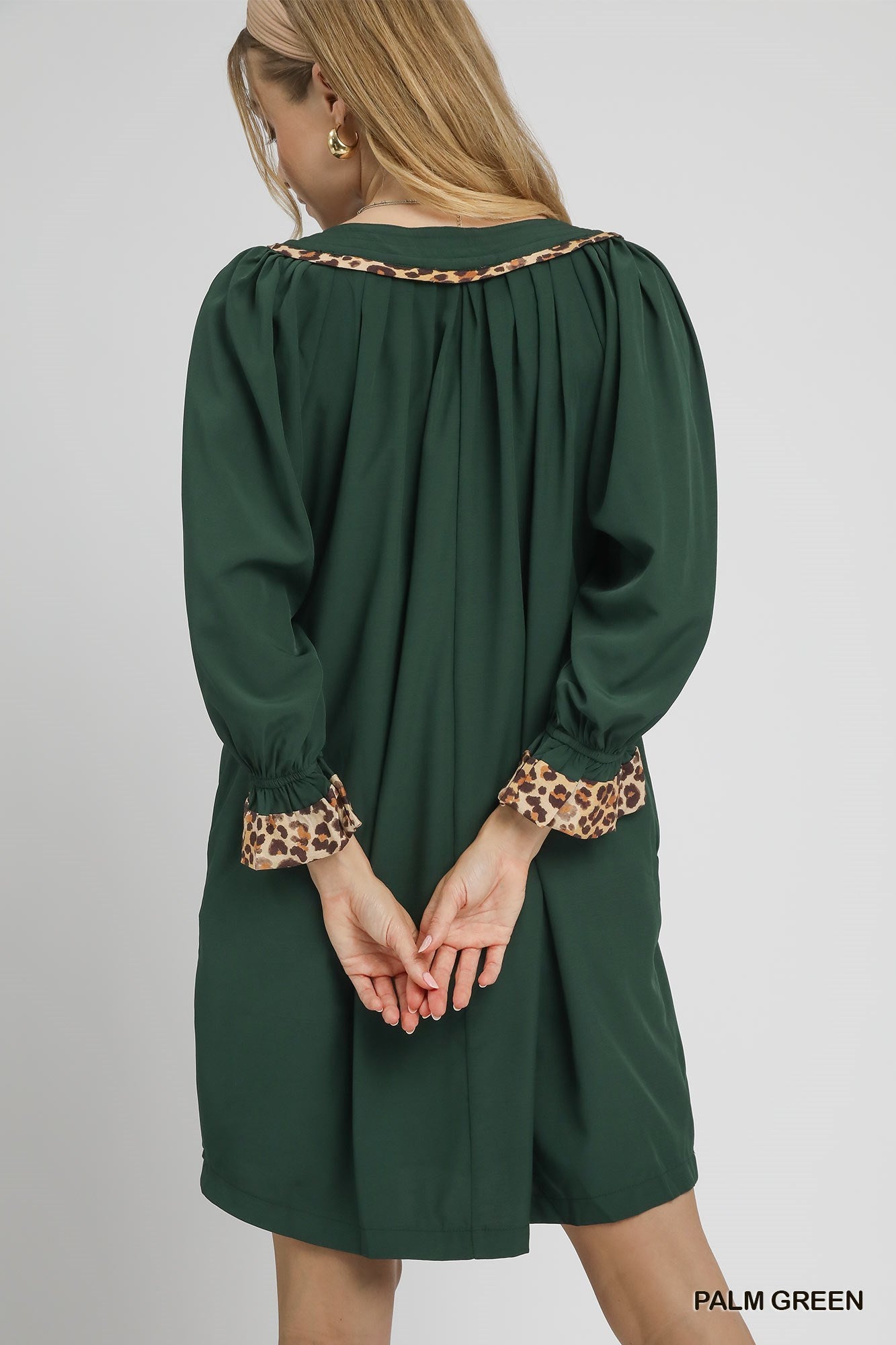 Umgee Tunic Dress with Leopard Trim Accents - green