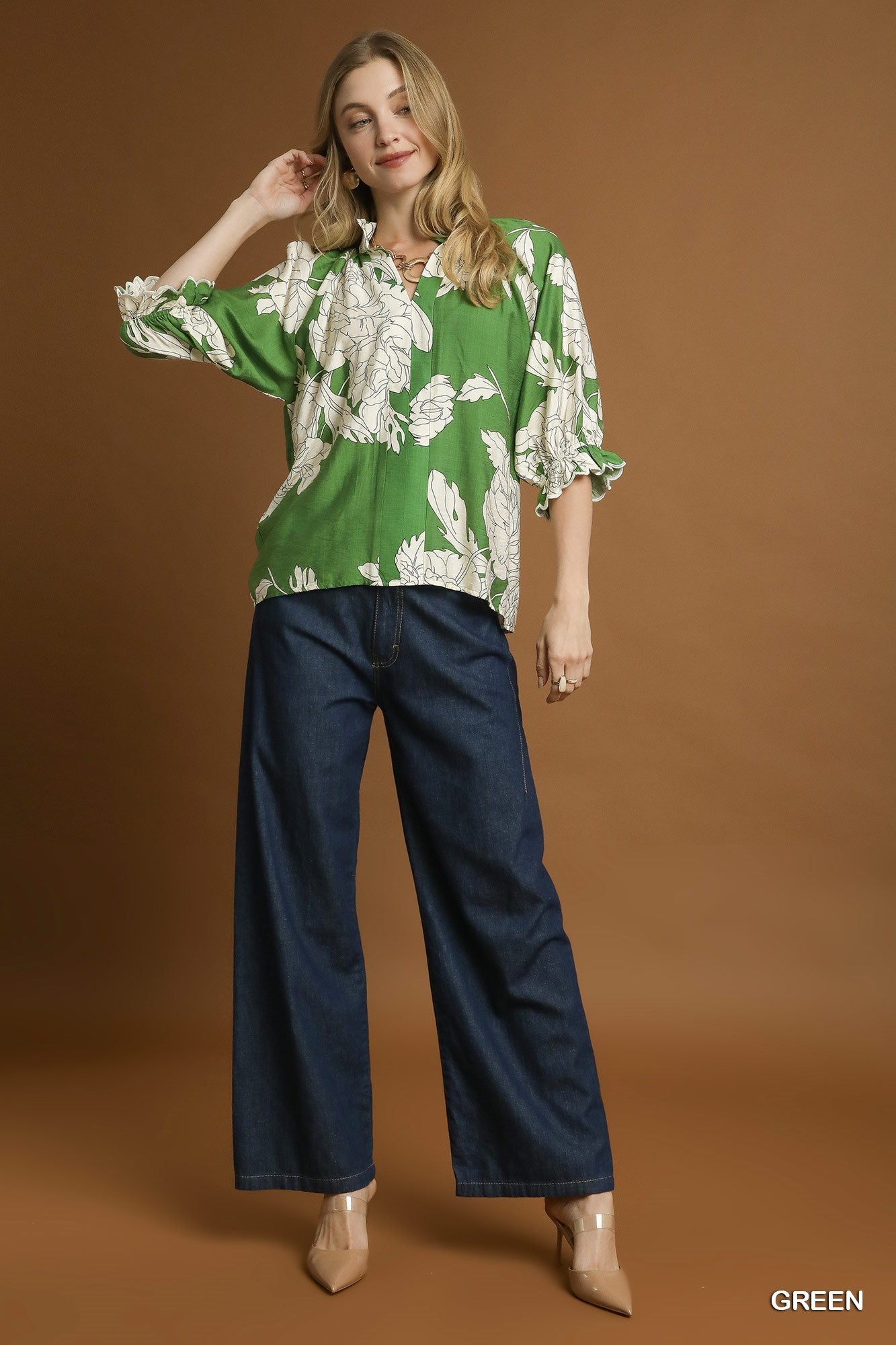 Umgee Peony Print High Neck Top - Green