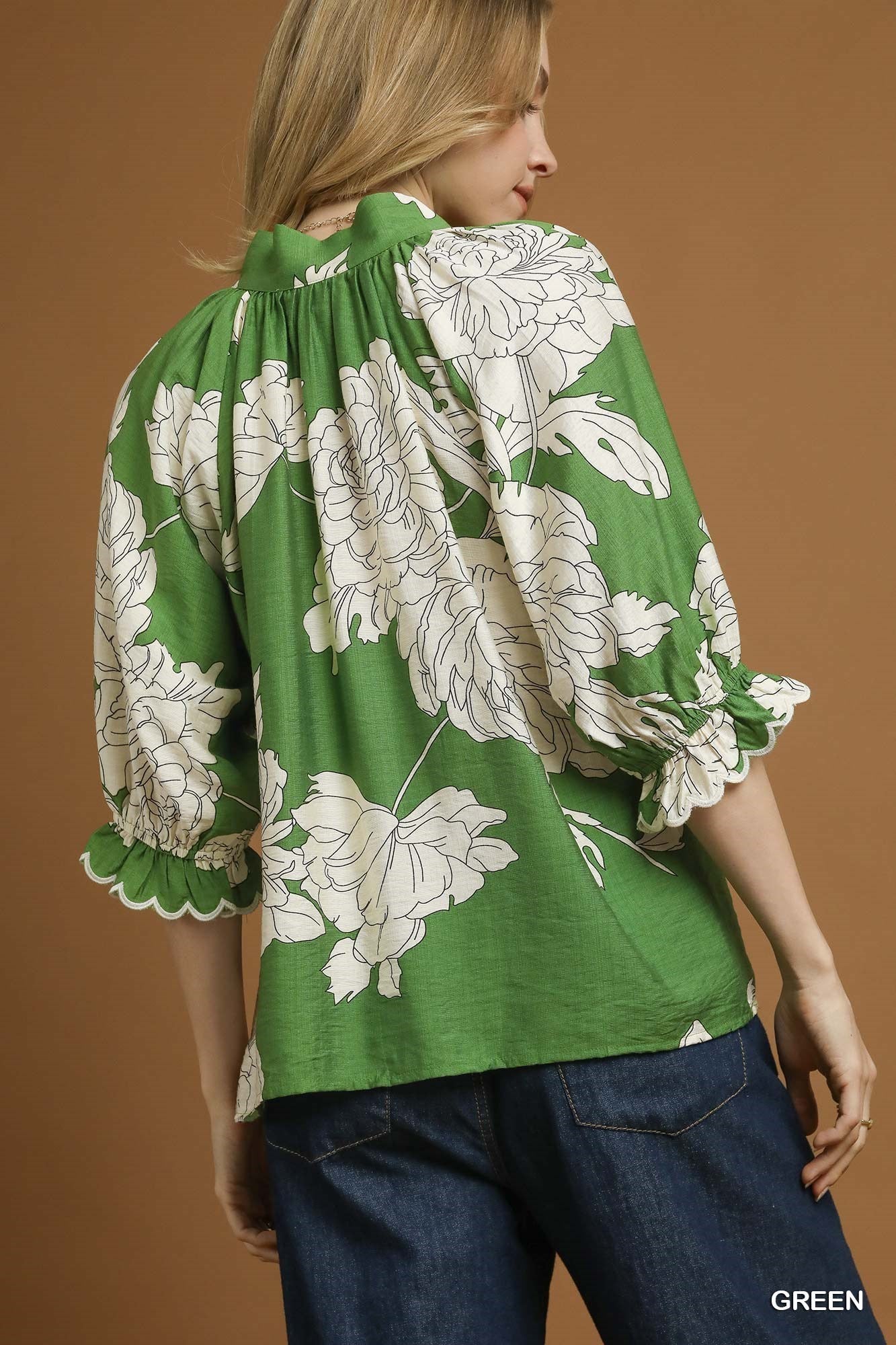 Umgee Peony Print High Neck Top - Green
