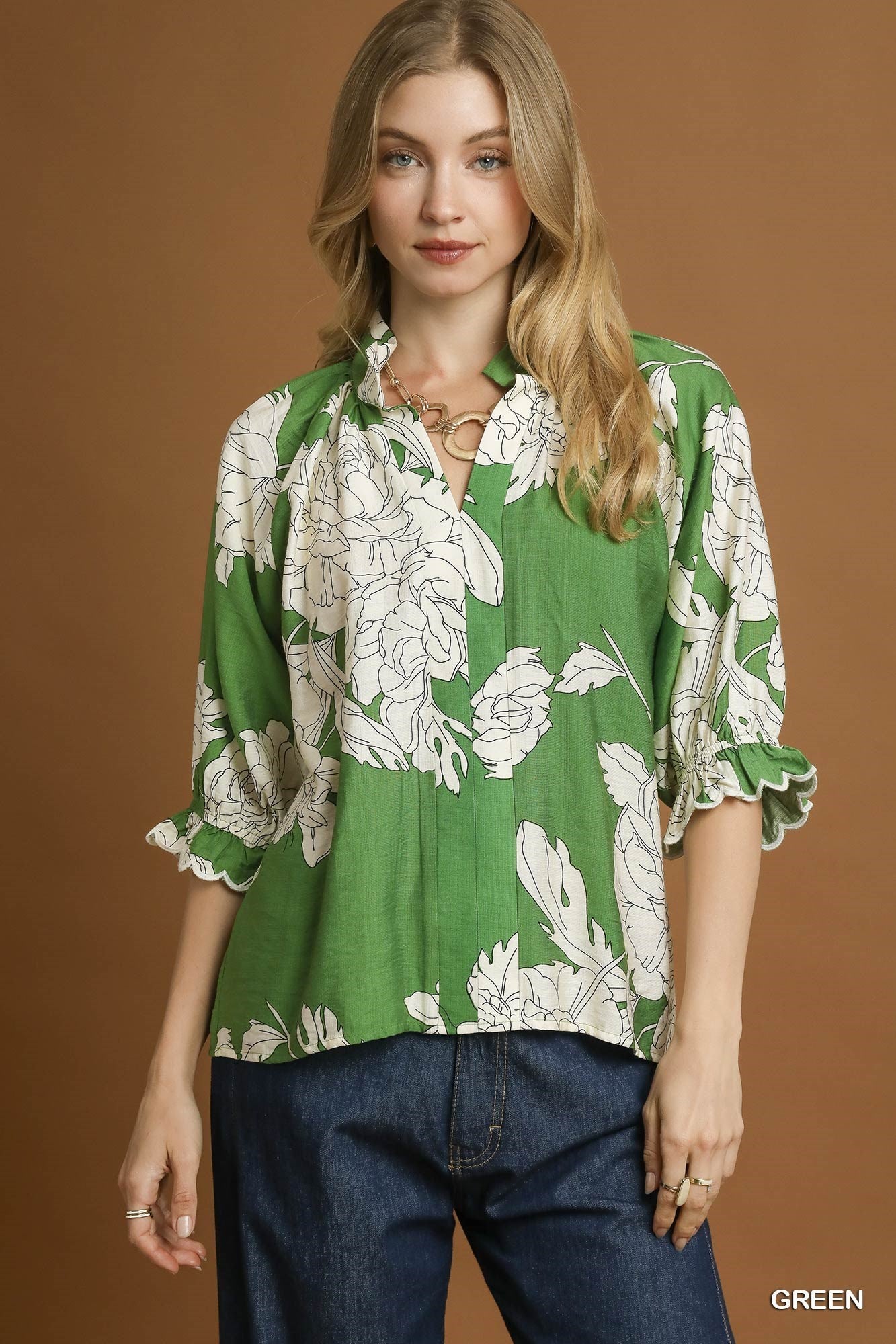 Umgee Peony Print High Neck Top - Green