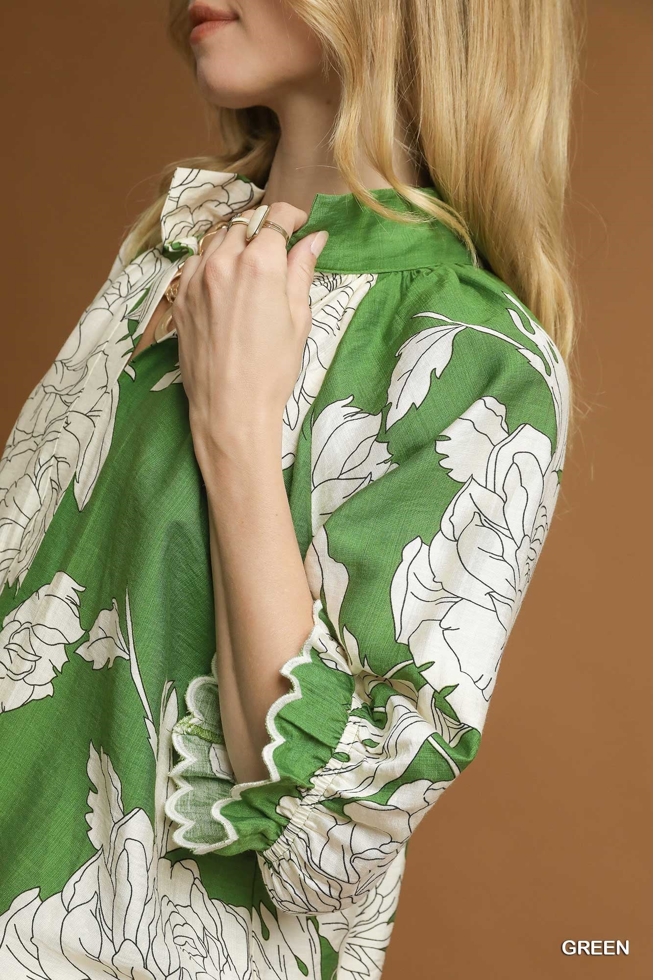 Umgee Peony Print High Neck Top - Green