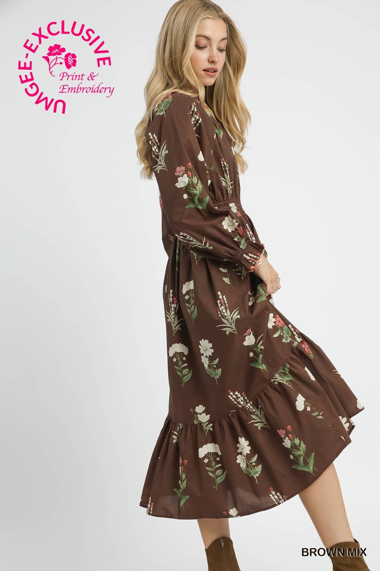 Umgee Floral Print V Neck Midi Dress with Ruffled Details