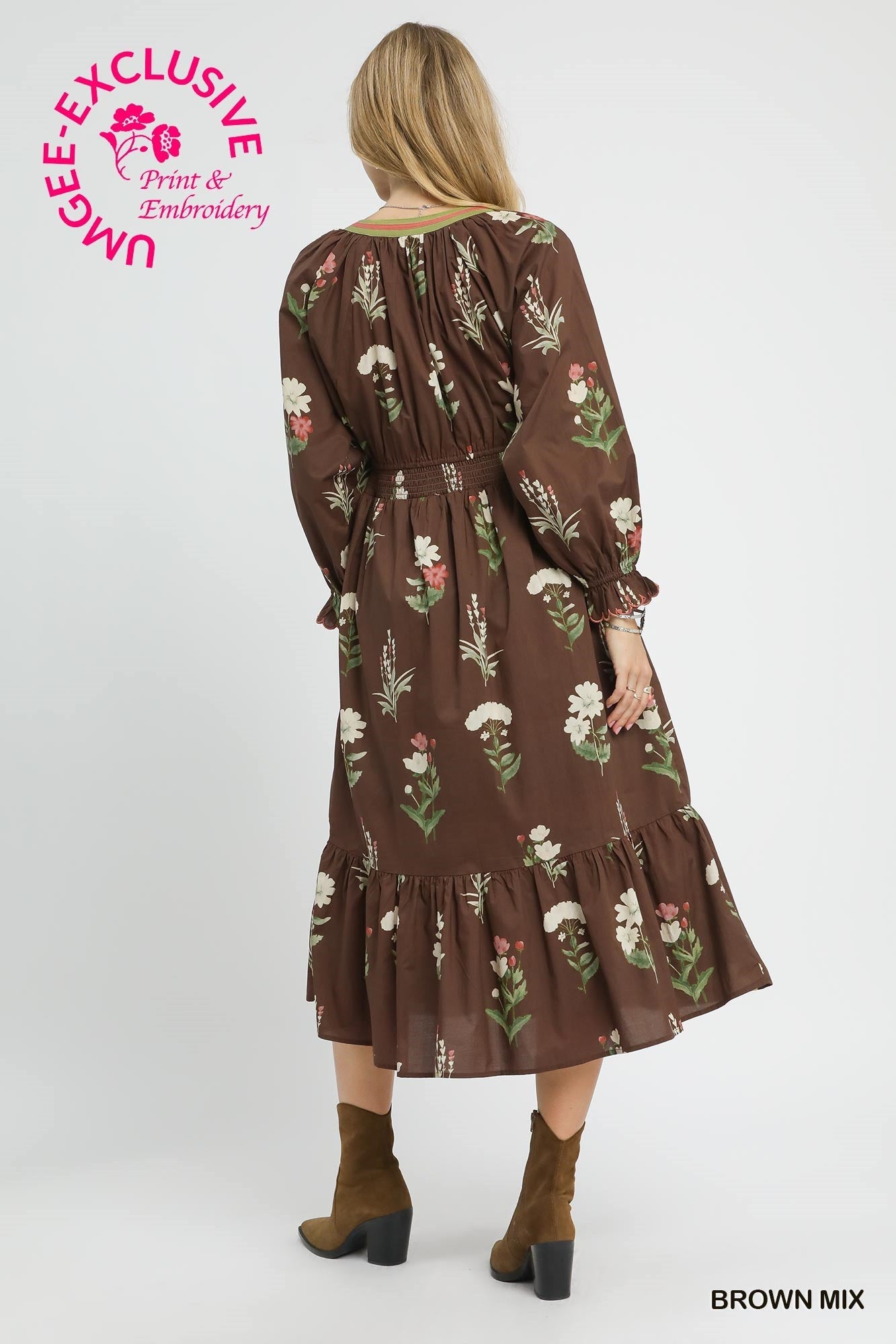 Umgee Floral Print V Neck Midi Dress with Ruffled Details