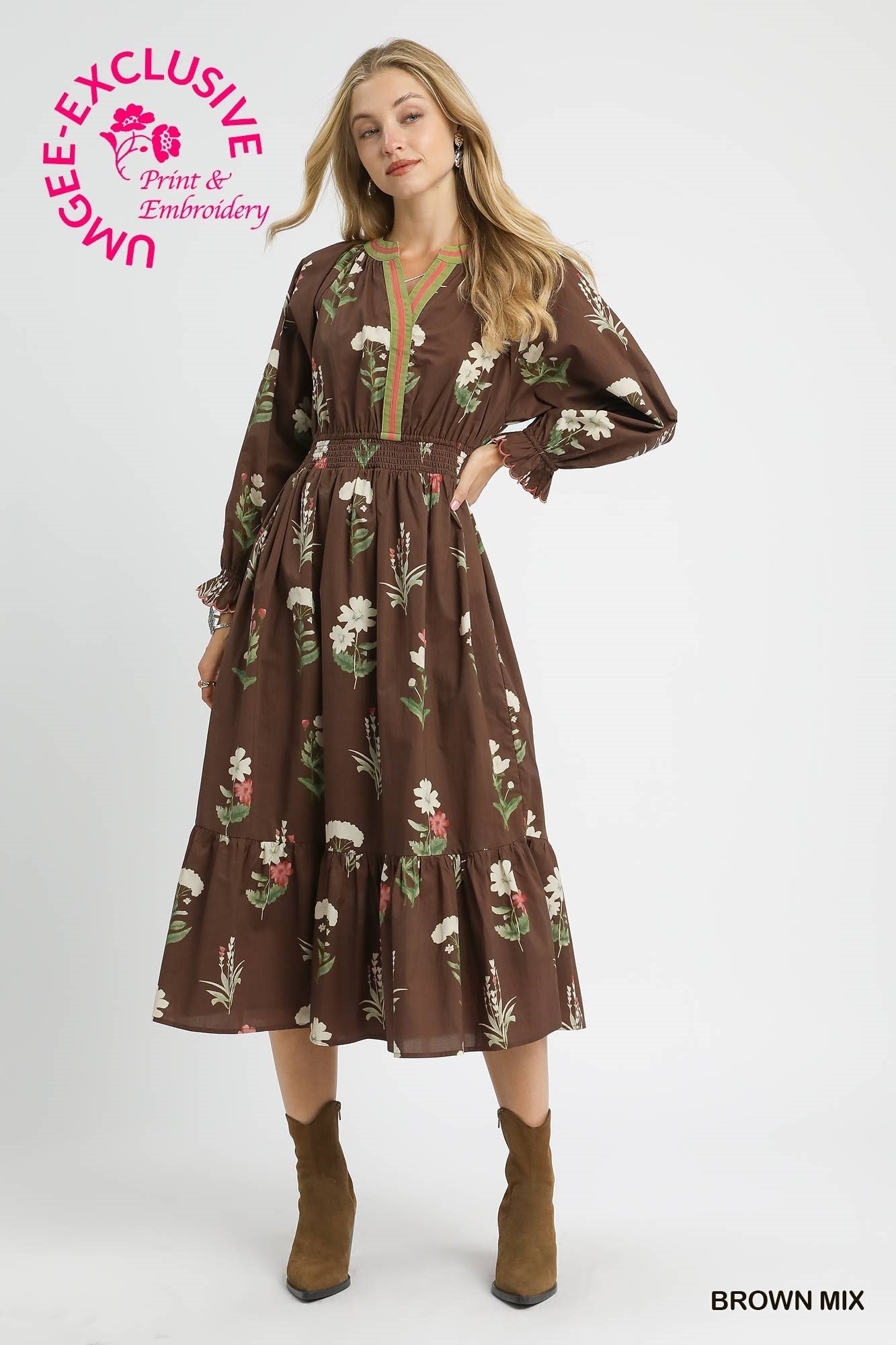 Umgee Floral Print V Neck Midi Dress with Ruffled Details