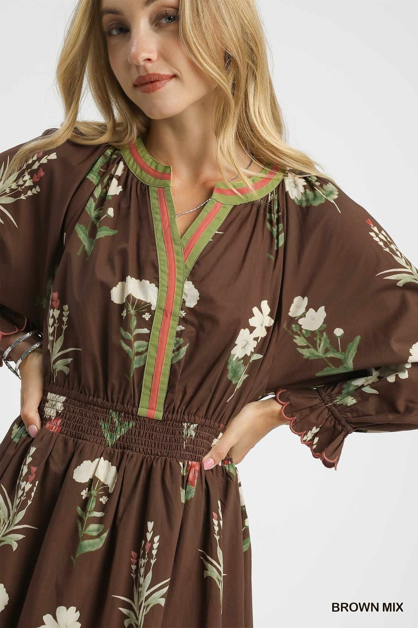 Umgee Floral Print V Neck Midi Dress with Ruffled Details