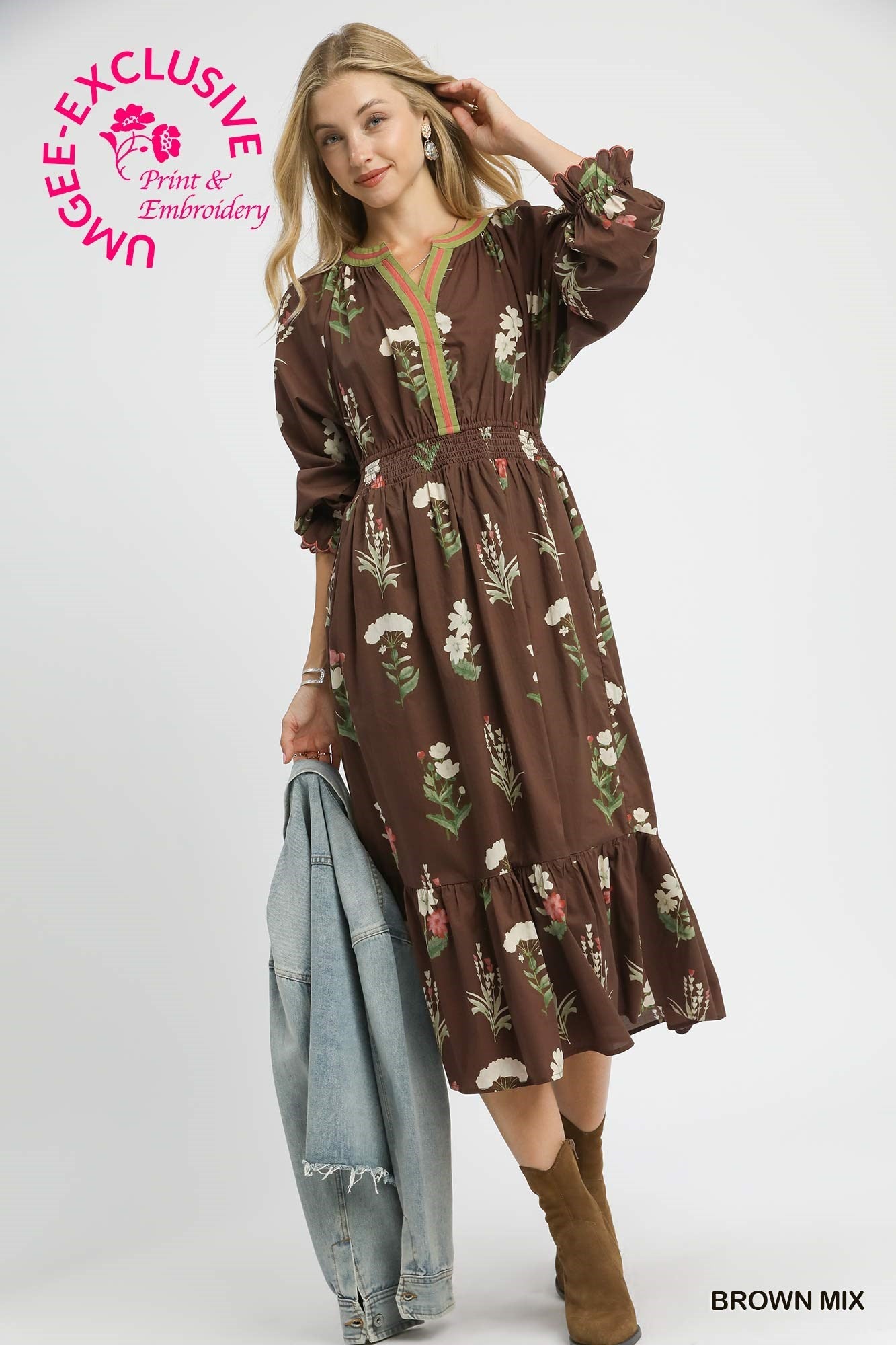 Umgee Floral Print V Neck Midi Dress with Ruffled Details