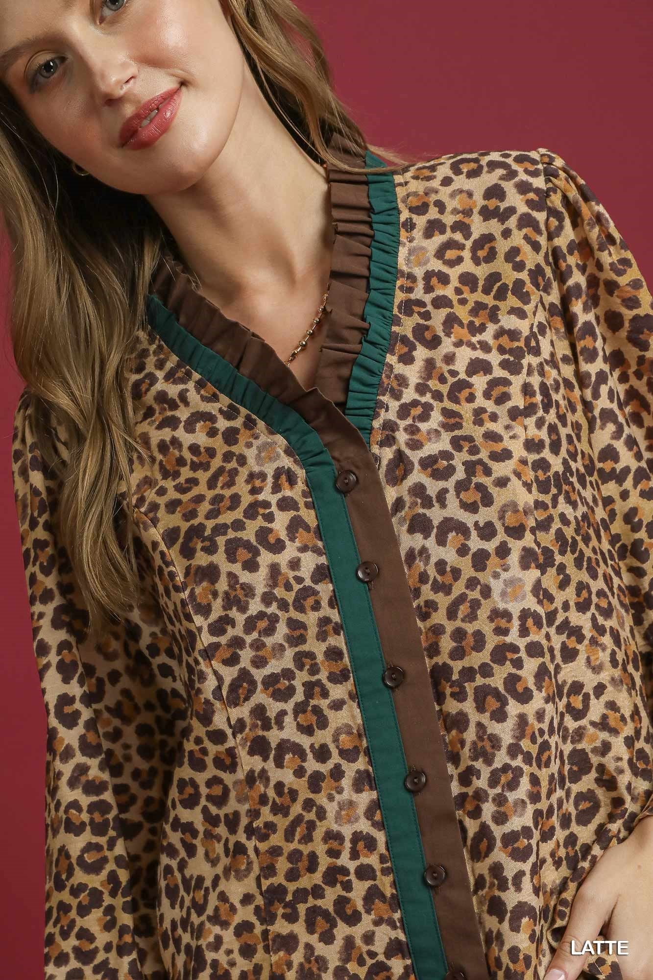 Umgee Ruffle Trim Leopard Print Blouse