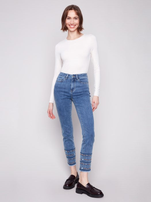 Charlie B Medium Blue Embroidered Hem Jeans