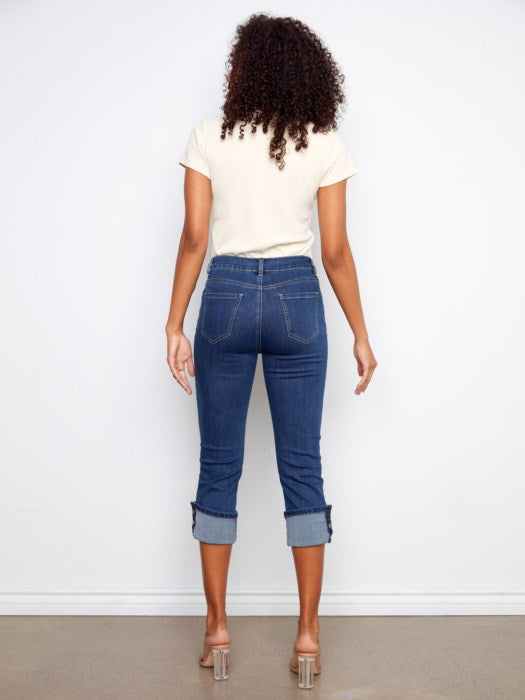 Charlie B Indigo Cropped Jeans With Snap Button Cuff