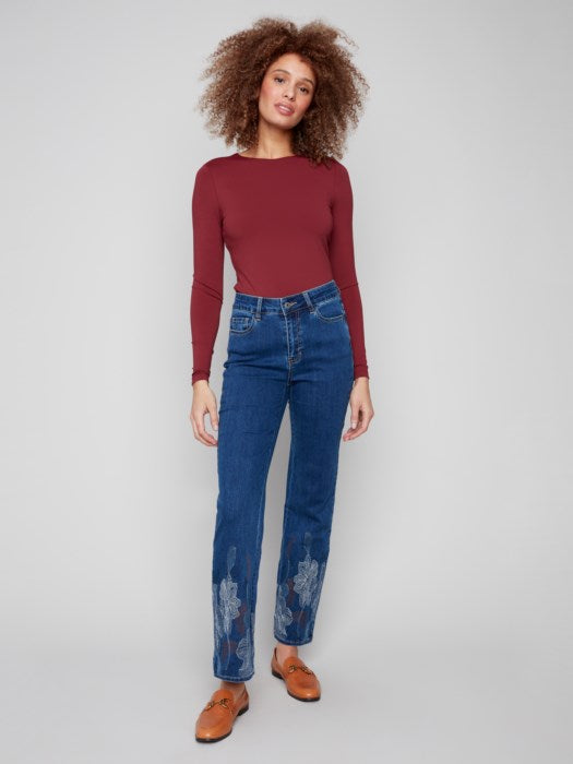Charlie B Straight Leg Metallic Embroidered Jeans