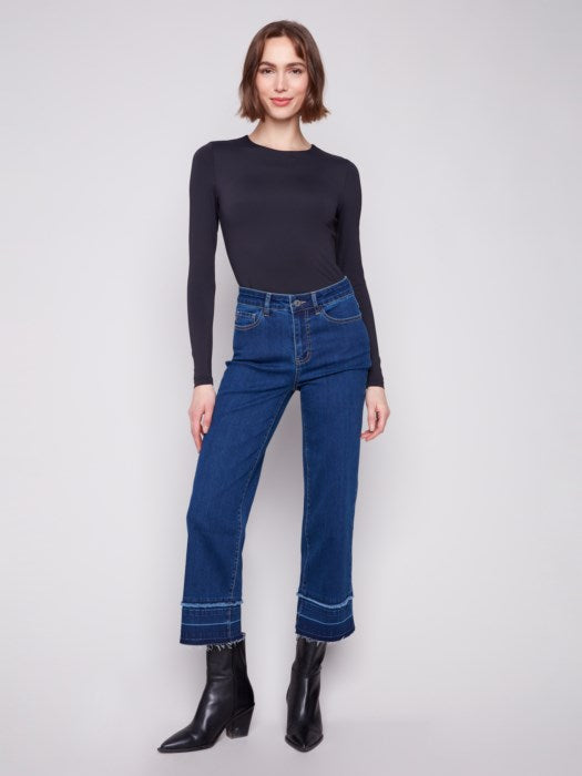 Charlie B Indigo Flare Leg Jeans With Fringed Hem
