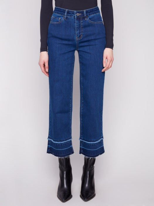 Charlie B Indigo Flare Leg Jeans With Fringed Hem