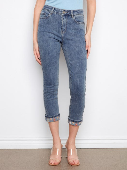 Charlie B Embroidered Cuff Cropped Slim Leg Jeans